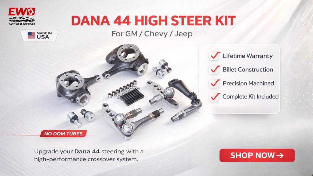 Upgrade your rig with 1 Ton High Steer Arms Dana 44. This comprehensive DIY crossover steering kit features USA-made billet arms and flat top knuckles.
