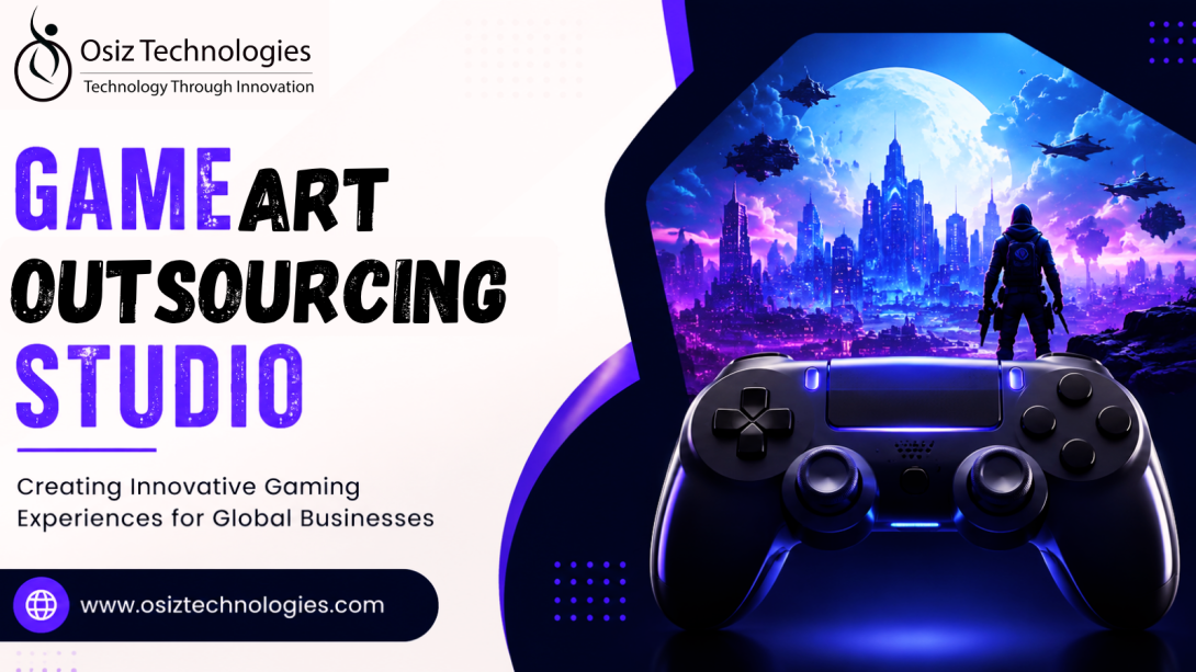 "Game Art Outsourcing Studio promotional banner by Osiz Technologies showcasing high-quality game art solutions for global game developers."