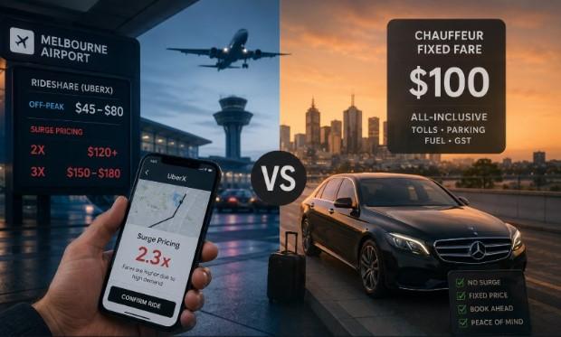 A real cost breakdown of airport transfers in Melbourne: fixed-fare Melbourne chauffeur service vs surge-priced rideshare, with actual numbers.