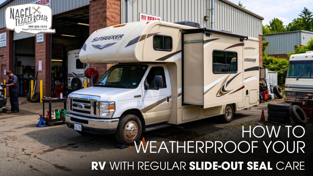 A Class C Motorhome outside of a workshop, showing it's Slide-Out