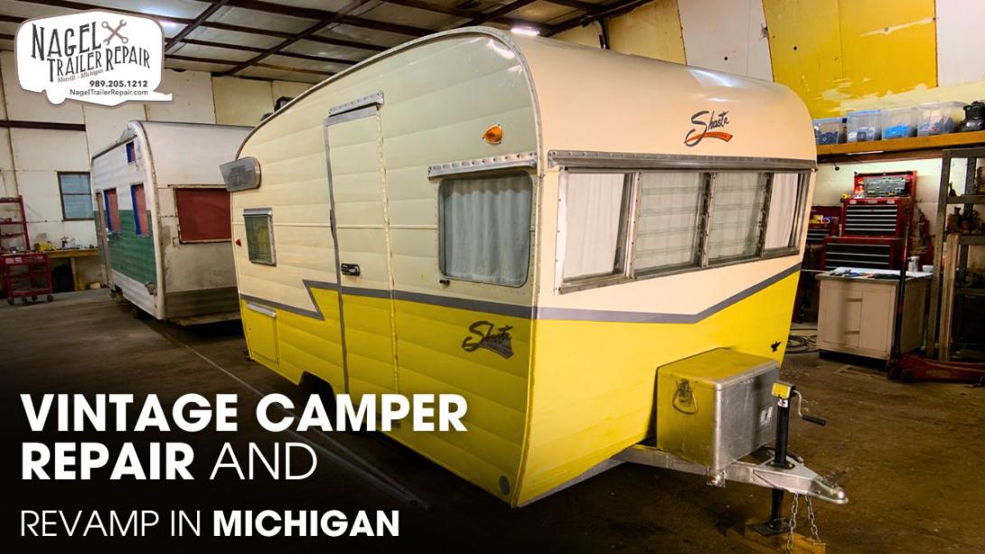 A Vintage Shasta Camper parked inside a Workshop for Restoration Works