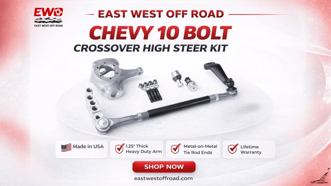 Eliminate bump steer on your lifted Chevy with our complete crossover high steer kit. Features USA-made billet arms, DOM tubing, and metal tie rod ends.  