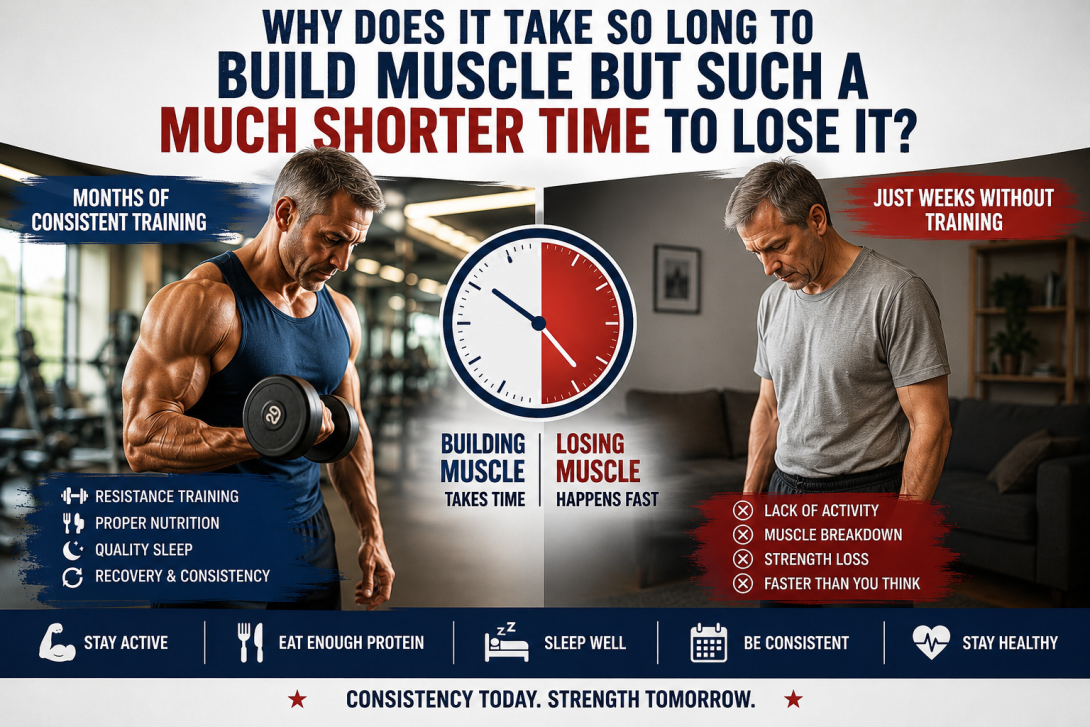 Building muscle takes time, but it can disappear much faster if we stop exercising.