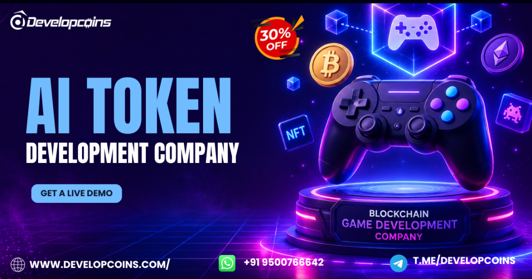 Empower your GameFi vision with cutting-edge AI token solutions. This creative banner highlights professional AI token development services for blockchain gaming, featuring secure token creation, NFT integration, and a limited-time 30% OFF offer with a free live demo.