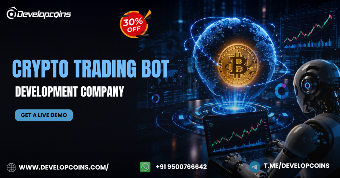 A futuristic promotional banner featuring AI-powered crypto trading automation with a digital Bitcoin, live market charts, and a trading robot.