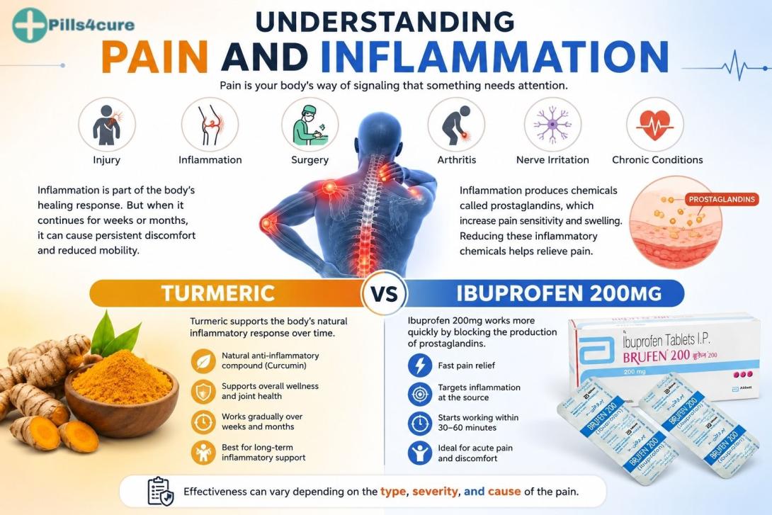 Illustration comparing how turmeric and ibuprofen work inside the body to reduce inflammation and relieve pain through different biological pathways.