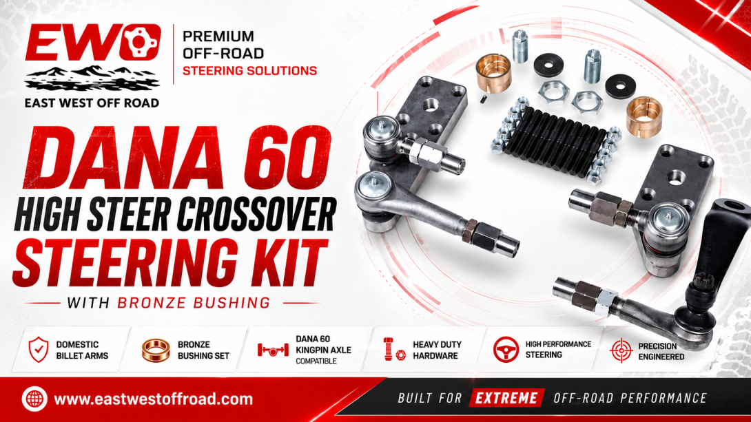 Complete Dana 60 Kingpin crossover high steer kit with billet steering arms, bronze bushings, steering ends, weld bungs, and hardware