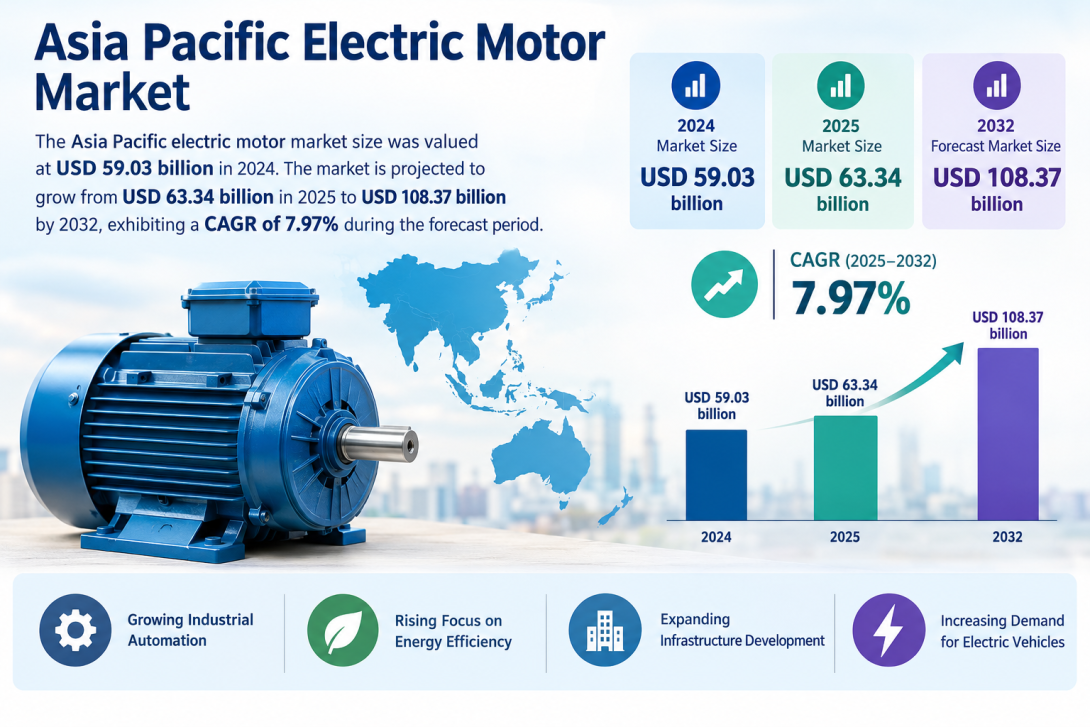 The Asia Pacific Electric Motor Market is witnessing strong growth across automotive, industrial machinery, HVAC, appliances, and transportation applications, supported by rapid industrialization and electrification.