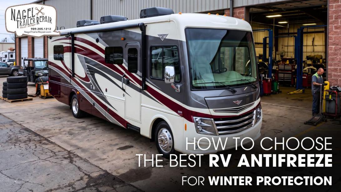 A Fleetwood Bounder Class A Motorhome Parked Outside of an RV Repair Shop